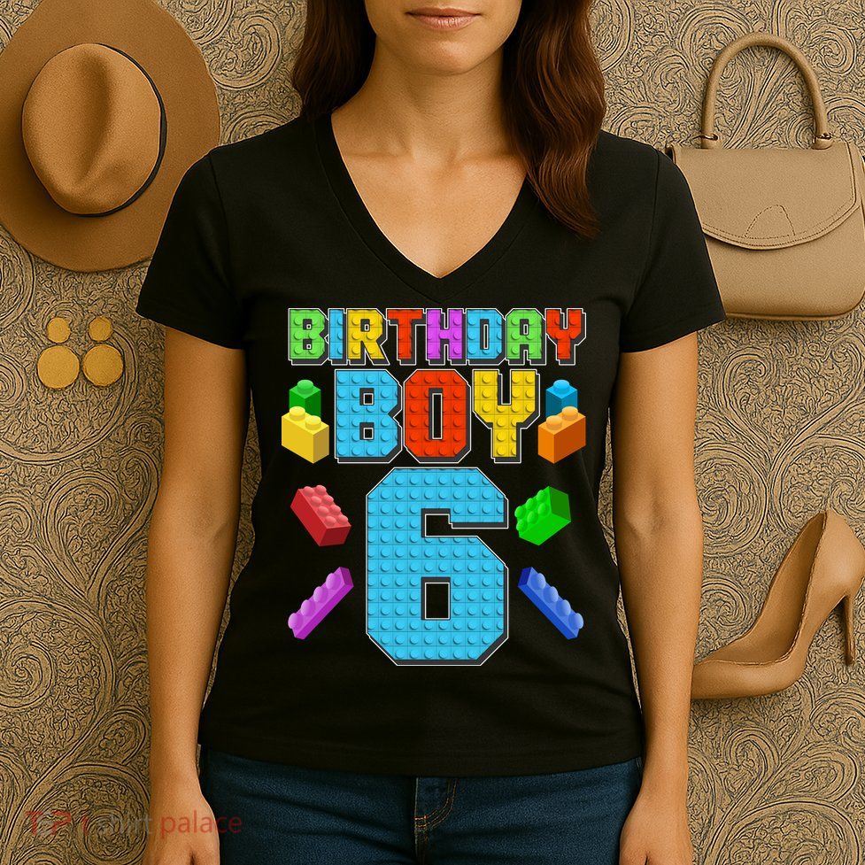 Funny Birthday Boy 6th Birthday Lego Master Builder Women's V-Neck T-Shirt