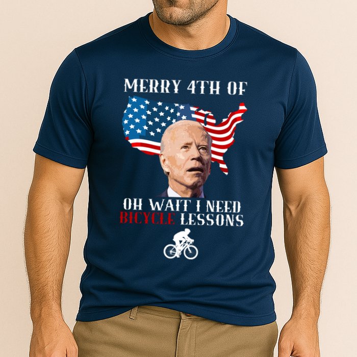 Funny Biden Bicycle Bike Lesson Merry 4th Of July Cooling Performance Crew T-Shirt