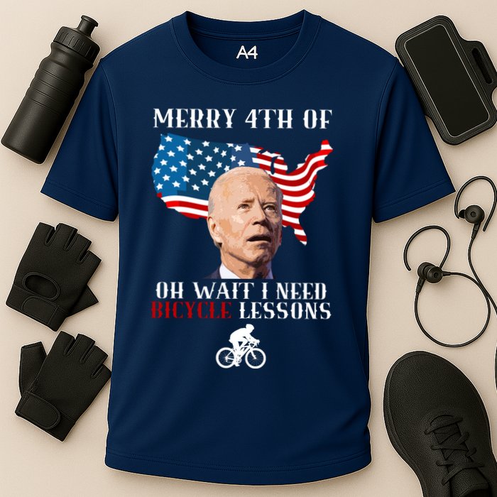 Funny Biden Bicycle Bike Lesson Merry 4th Of July Cooling Performance Crew T-Shirt