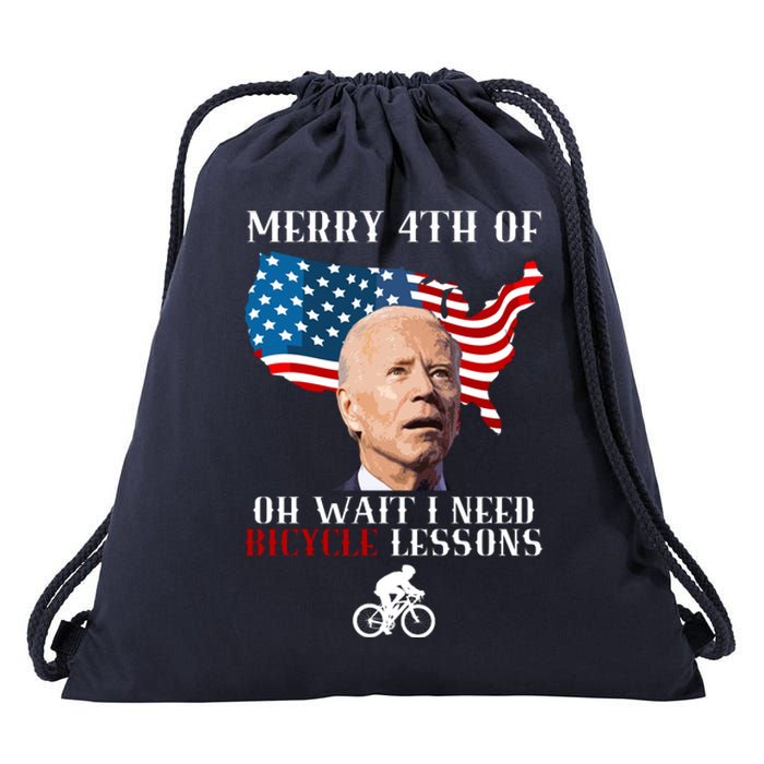 Funny Biden Bicycle Bike Lesson Merry 4th Of July Drawstring Bag