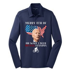 Funny Biden Bicycle Bike Lesson Merry 4th Of July Silk Touch Performance Long Sleeve Polo