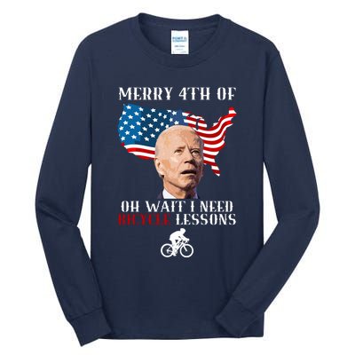 Funny Biden Bicycle Bike Lesson Merry 4th Of July Tall Long Sleeve T-Shirt