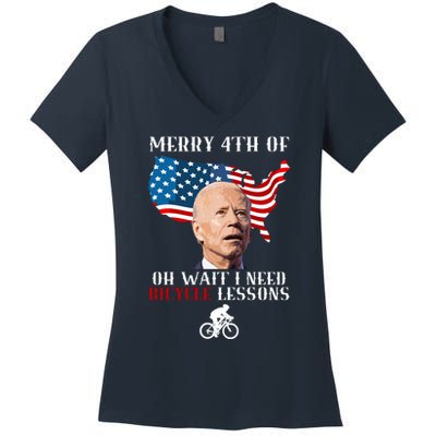 Funny Biden Bicycle Bike Lesson Merry 4th Of July Women's V-Neck T-Shirt