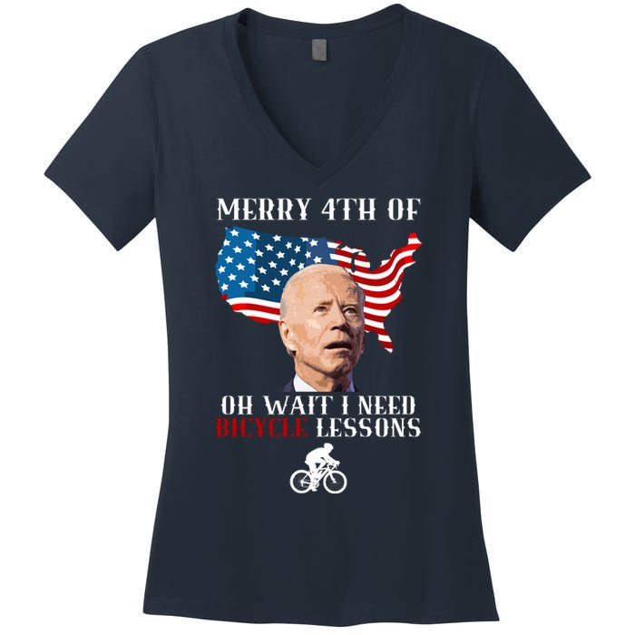 Funny Biden Bicycle Bike Lesson Merry 4th Of July Women's V-Neck T-Shirt