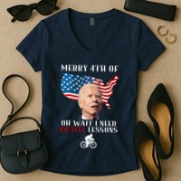 Funny Biden Bicycle Bike Lesson Merry 4th Of July Women's V-Neck T-Shirt