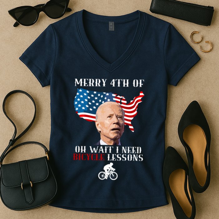 Funny Biden Bicycle Bike Lesson Merry 4th Of July Women's V-Neck T-Shirt