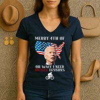 Funny Biden Bicycle Bike Lesson Merry 4th Of July Women's V-Neck T-Shirt