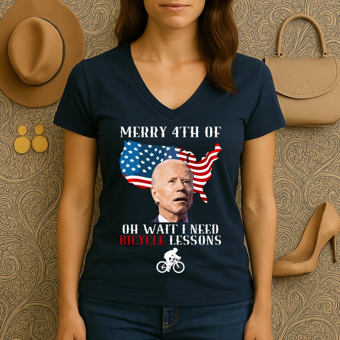 Funny Biden Bicycle Bike Lesson Merry 4th Of July Women's V-Neck T-Shirt