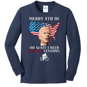 Funny Biden Bicycle Bike Lesson Merry 4th Of July Kids Long Sleeve Shirt