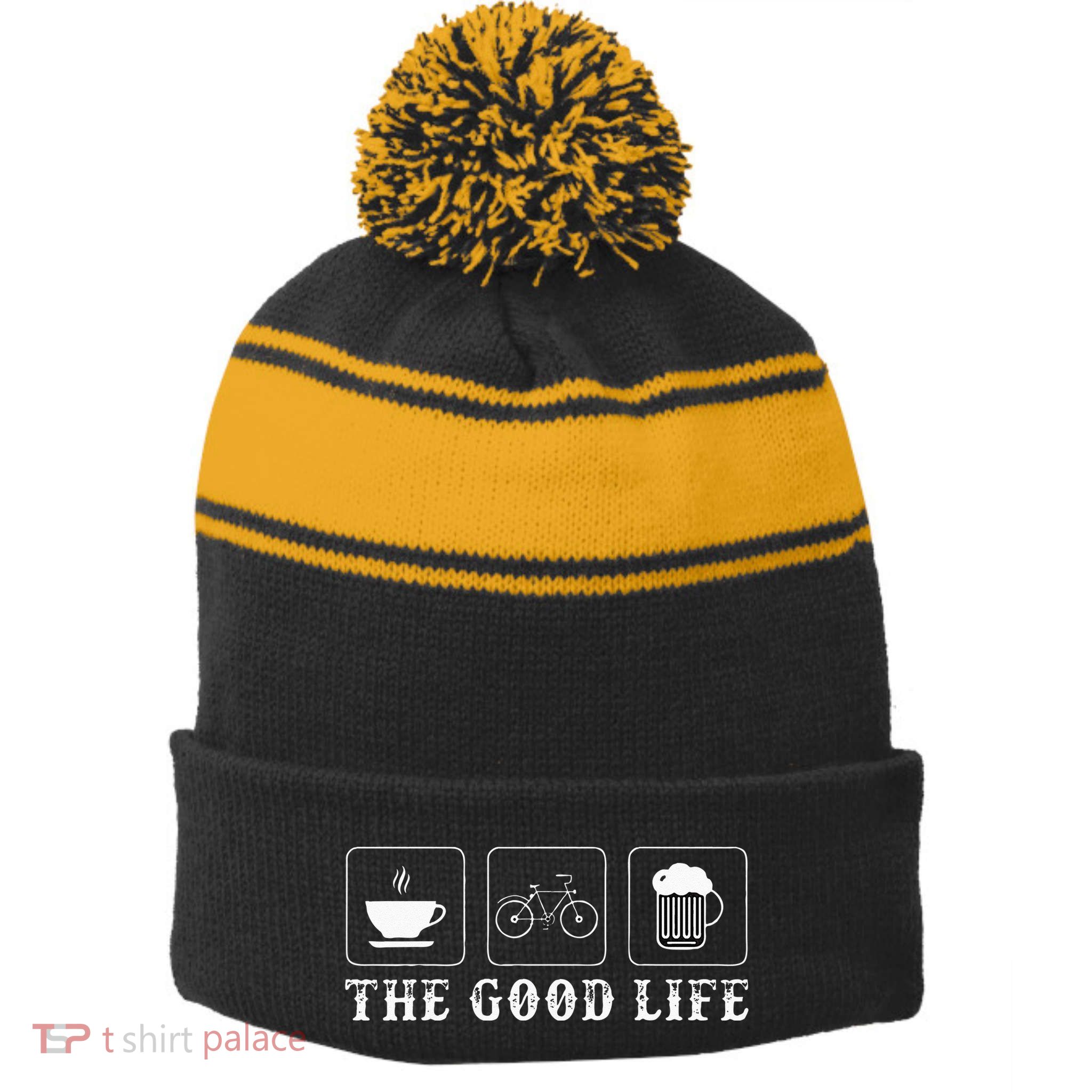 Funny Bicycle Beer Good Life Cycling Stripe Pom Pom Beanie