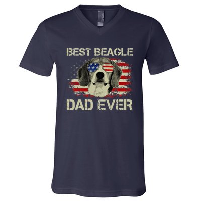 Funny Best Beagle Dad Ever Dog Lover American Flag Gift V-Neck T-Shirt