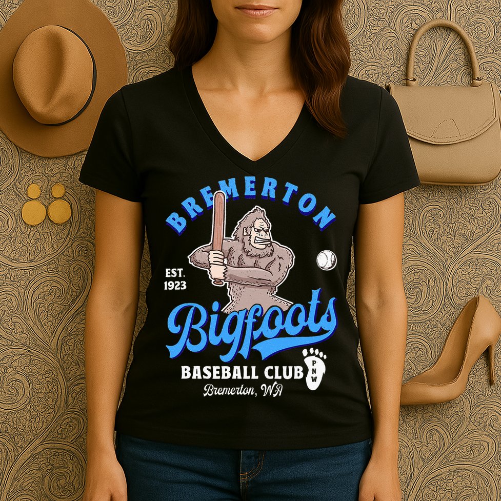 Funny Bigfoot Baseball Retro Minor League Baseball Team Women's V-Neck T-Shirt