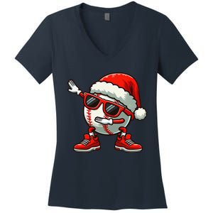 Funny Baseball Ball Santa Hat Dabbing Xmas Pajamas Players Gift Women's V-Neck T-Shirt