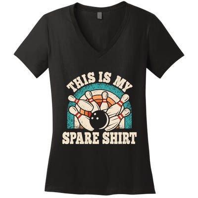 Funny Bowling Bowler Retro This Is My Spare Women's V-Neck T-Shirt