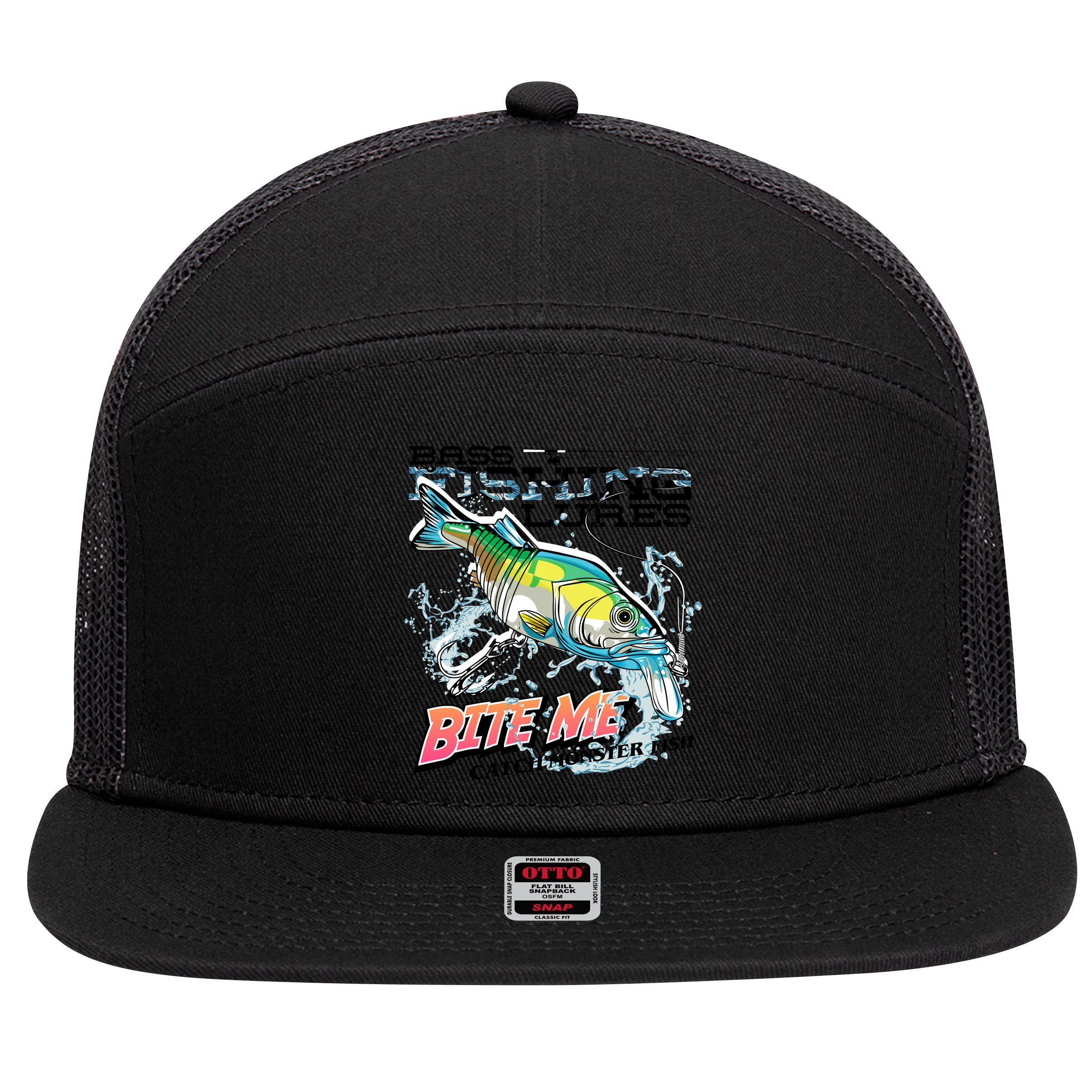 Funny Bass Bite Me Fishing Lures 7 Panel Mesh Trucker Snapback Hat