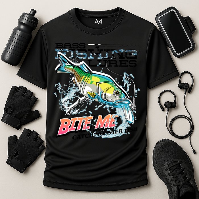 Funny Bass Bite Me Fishing Lures Cooling Performance Crew T-Shirt