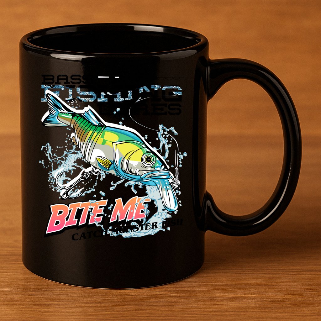 Funny Bass Bite Me Fishing Lures 11oz C Handle Ceramic Mug