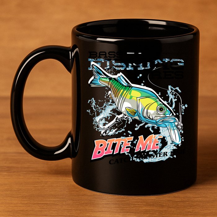 Funny Bass Bite Me Fishing Lures 11oz C Handle Ceramic Mug
