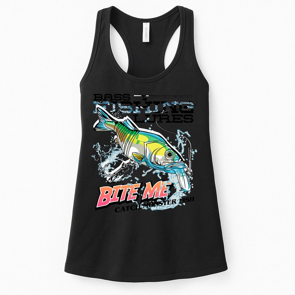 Funny Bass Bite Me Fishing Lures Womens Tank Top