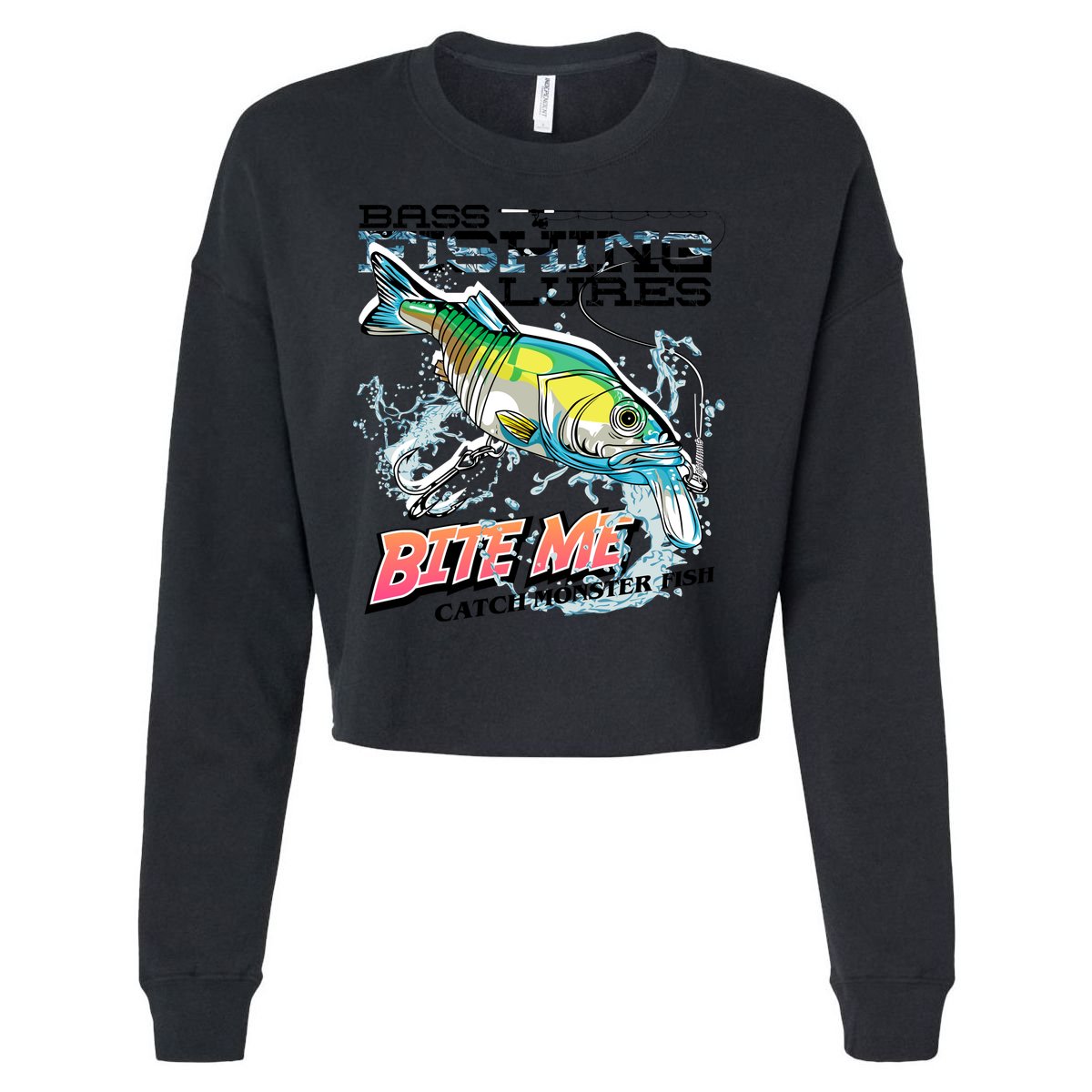 Funny Bass Bite Me Fishing Lures Cropped Pullover Crew