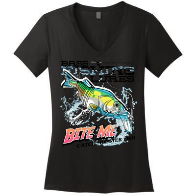Funny Bass Bite Me Fishing Lures Women's V-Neck T-Shirt