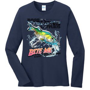 Funny Bass Bite Me Fishing Lures Ladies Long Sleeve Shirt