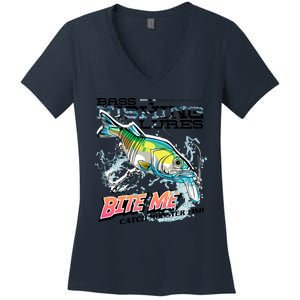 Funny Bass Bite Me Fishing Lures Women's V-Neck T-Shirt