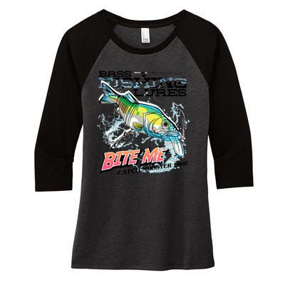 Funny Bass Bite Me Fishing Lures Women's Tri-Blend 3/4-Sleeve Raglan Shirt