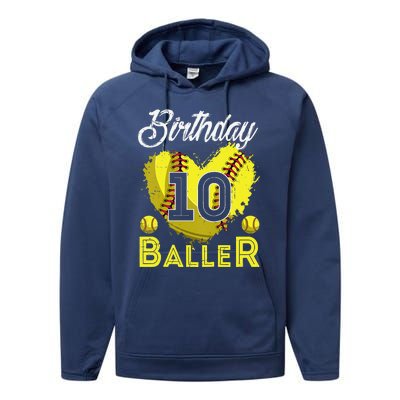 Funny Birthday Baller 10 Years Old Softball 10th Bday Performance Fleece Hoodie