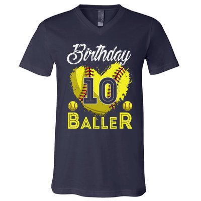 Funny Birthday Baller 10 Years Old Softball 10th Bday V-Neck T-Shirt