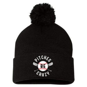 Funny Baseball Bat Pitches Be Crazy Pom Pom 12in Knit Beanie