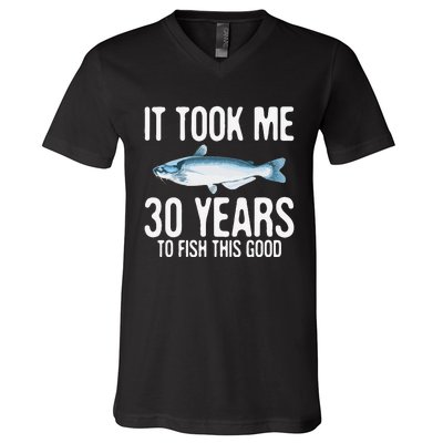 Funny Blue Catfish Fishing 30th Birthday 30 Years To Fish V-Neck T-Shirt