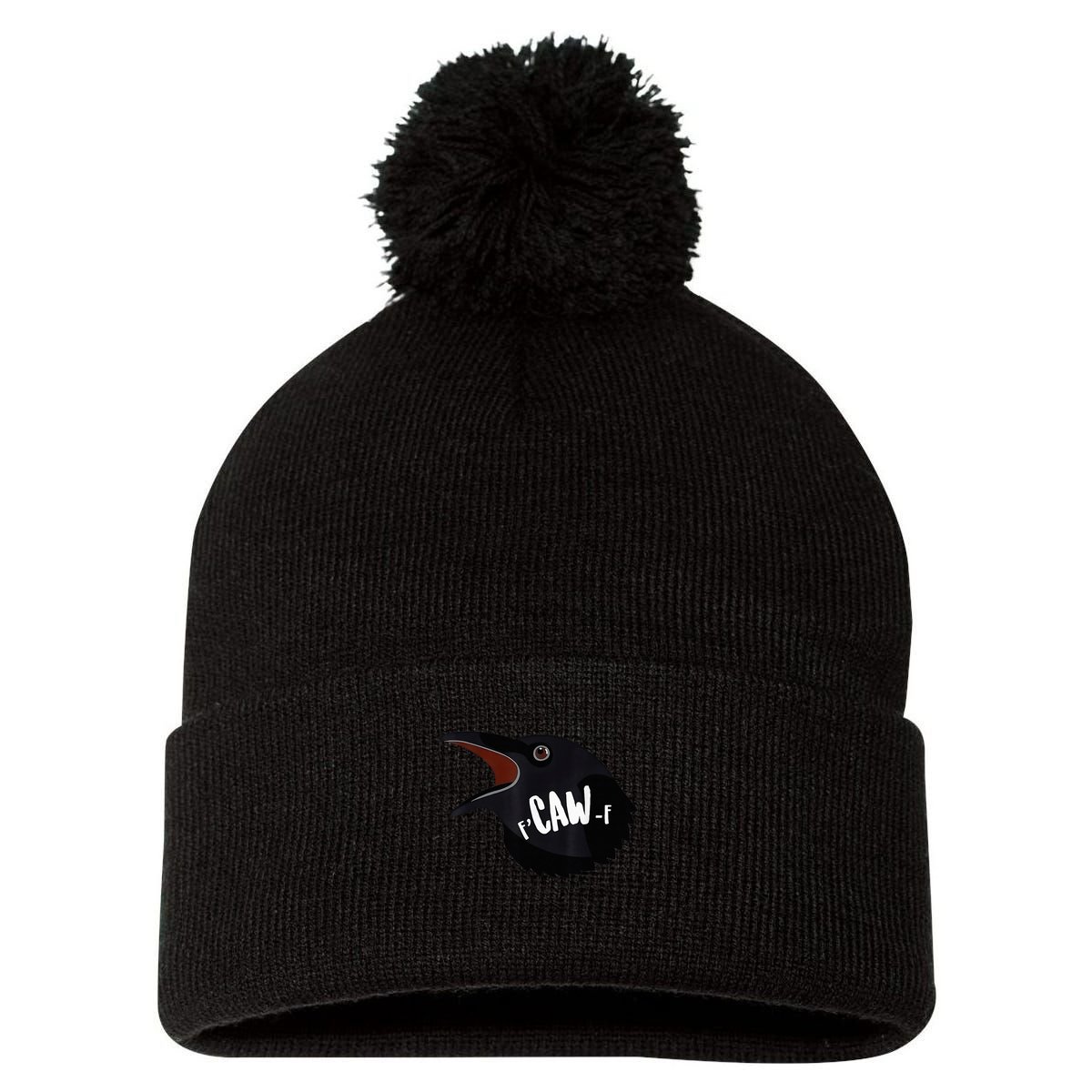 F-Caw-F Black Crow Pom Pom 12in Knit Beanie