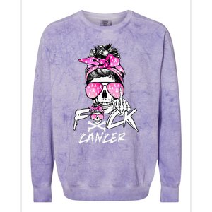 Fuck Breast Cancer Women Warrior Pink Ribbon Messy Bun Hair Colorblast Crewneck Sweatshirt