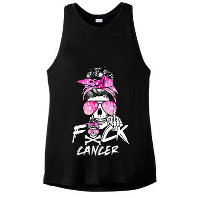 Fuck Breast Cancer Women Warrior Pink Ribbon Messy Bun Hair Ladies PosiCharge Tri-Blend Wicking Tank