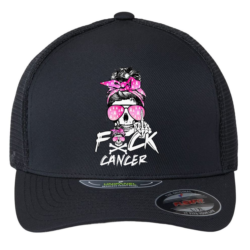 Fuck Breast Cancer Women Warrior Pink Ribbon Messy Bun Hair Flexfit Unipanel Trucker Cap