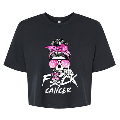 Fuck Breast Cancer Women Warrior Pink Ribbon Messy Bun Hair Bella+Canvas Jersey Crop Tee