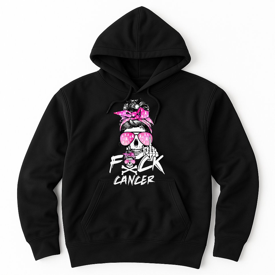Fuck Breast Cancer Women Warrior Pink Ribbon Messy Bun Hair Hoodie