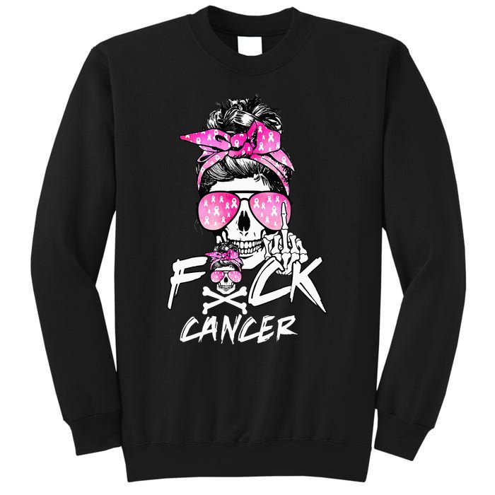 Fuck Breast Cancer Women Warrior Pink Ribbon Messy Bun Hair Sweatshirt