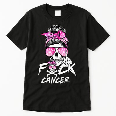 Fuck Breast Cancer Women Warrior Pink Ribbon Messy Bun Hair Tall T-Shirt