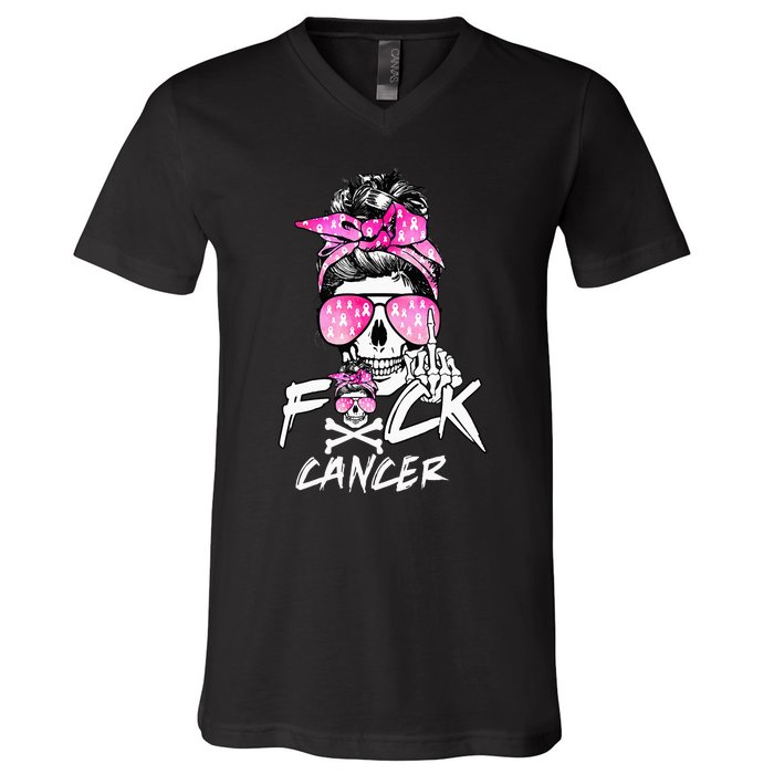 Fuck Breast Cancer Women Warrior Pink Ribbon Messy Bun Hair V-Neck T-Shirt