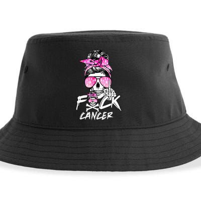 Fuck Breast Cancer Women Warrior Pink Ribbon Messy Bun Hair Sustainable Bucket Hat