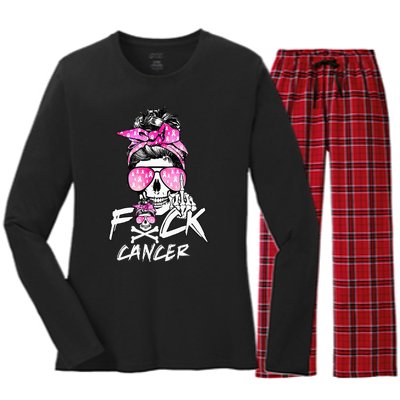 Fuck Breast Cancer Women Warrior Pink Ribbon Messy Bun Hair Women's Long Sleeve Flannel Pajama Set 