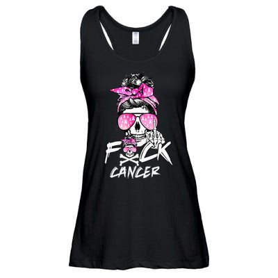 Fuck Breast Cancer Women Warrior Pink Ribbon Messy Bun Hair Ladies Essential Flowy Tank