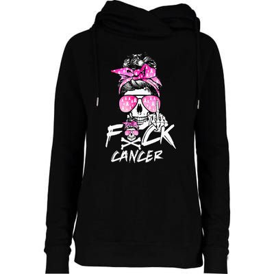 Fuck Breast Cancer Women Warrior Pink Ribbon Messy Bun Hair Womens Funnel Neck Pullover Hood