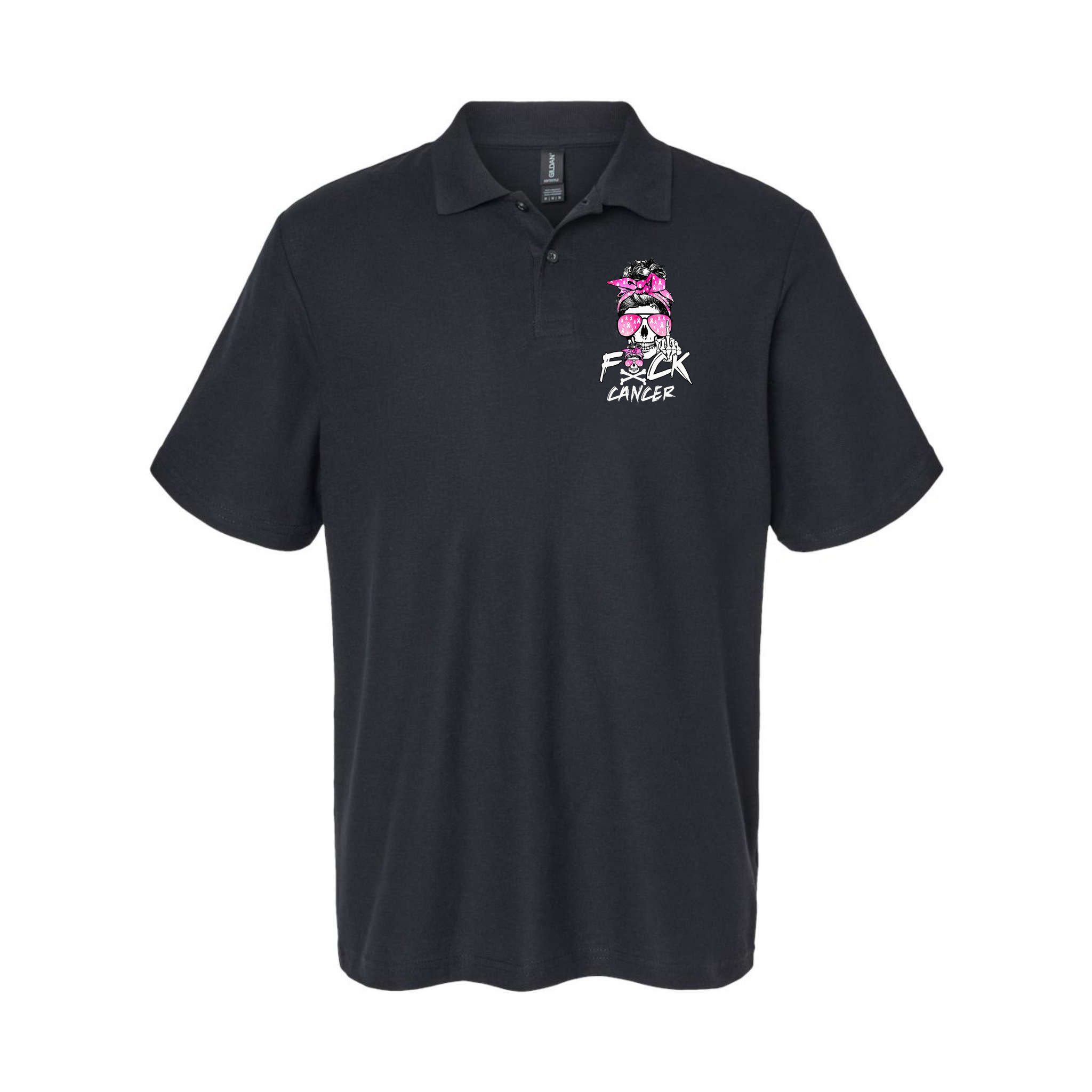 Fuck Breast Cancer Women Warrior Pink Ribbon Messy Bun Hair Polo