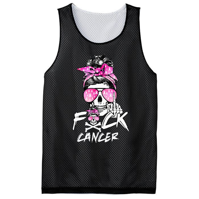 Fuck Breast Cancer Women Warrior Pink Ribbon Messy Bun Hair Mesh Reversible Basketball Jersey Tank