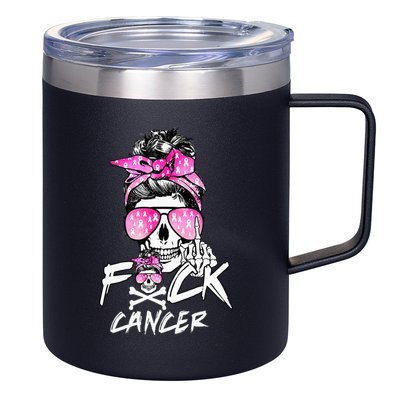 Fuck Breast Cancer Women Warrior Pink Ribbon Messy Bun Hair 12oz Stainless Steel Coffee Mug