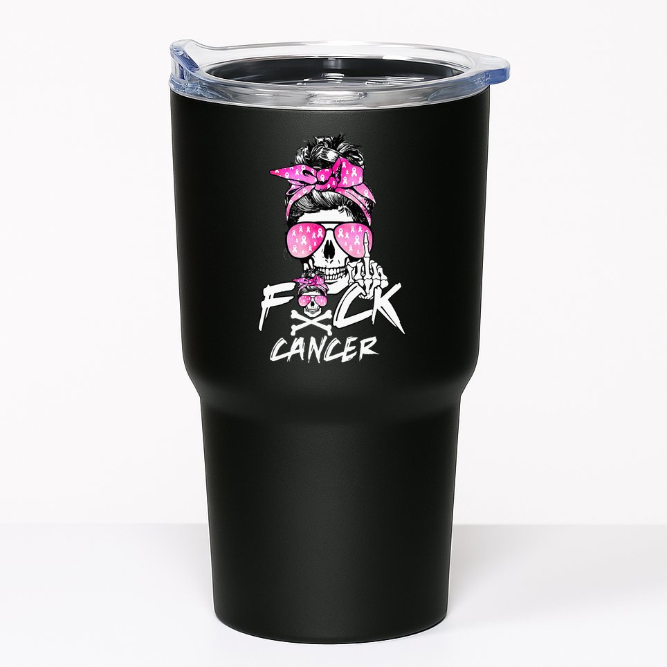 Fuck Breast Cancer Women Warrior Pink Ribbon Messy Bun Hair Tumbler