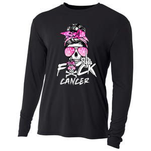 Fuck Breast Cancer Women Warrior Pink Ribbon Messy Bun Hair Cooling Performance Long Sleeve Crew